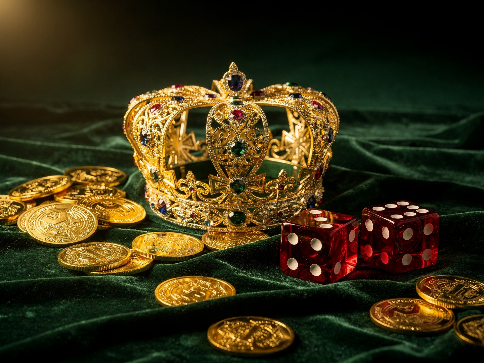 Golden crown, red dice and gold coins on dark emerald velvet, the luxury OXBET style